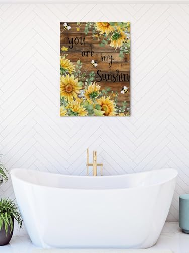 NuYeBiofx Farm Sunflower Bee Eucalyptus Canvas Wall Art Prints,48"x32" Framed Picture Artwork Retro Wooden Plank Printed Canvas Oil Painting for Living Room Bedroom Office,Ready to Hang
