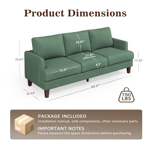 Mid Century Modern Couches for Living Room, 89" Comfy Green Couch Sofa with 3-Seater Deep Seats, Upholstered Sofas for Living Room, Office Apartment, Bedroom