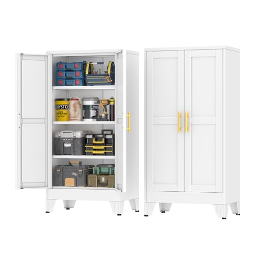 47.25" Metal Garage Storage Cabinet, Heavy Duty Steel Tool Cabinet with 2 Doors & 3 Adjustable Shelves, Freestanding Organizer Cabinet for Garage Home Office Basement (White)