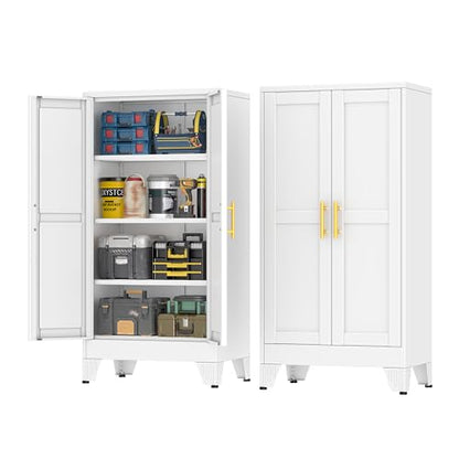 47.25" Metal Garage Storage Cabinet, Heavy Duty Steel Tool Cabinet with 2 Doors & 3 Adjustable Shelves, Freestanding Organizer Cabinet for Garage Home Office Basement (White)