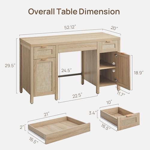 Rattan Home Office Desk with Storage, 52" Boho Executive Desk, view 3