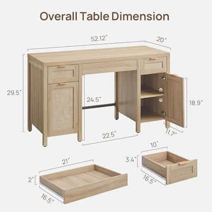 Rattan Home Office Desk with Storage, 52" Boho Executive Desk, view 3