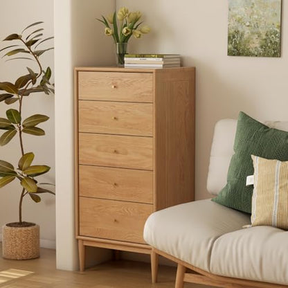 Solid Oak Wood Dresser, 5 Drawer Dresser for Bedroom, Solid Wood Nightstand with Drawers, Modern Chest of Drawers for Living Room, Hallway, Closet, Natural Oak (20" W x 15.75" D x 43.6" H)