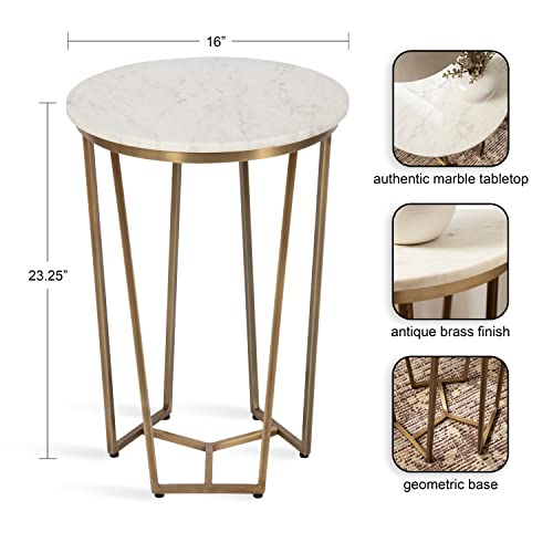 Solvay Round Metal and Marble Side Table; 16 x 16 x 24; White Marble and Antique Brass; Modern Glam Bedroom Nightstand Table with Premium Natural Marble Stone and Iron Base