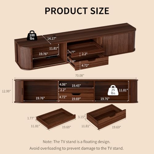 DHH 71" Floating Fluted TV Stand with Drawer for TVs up to 80",Walnut, view 3