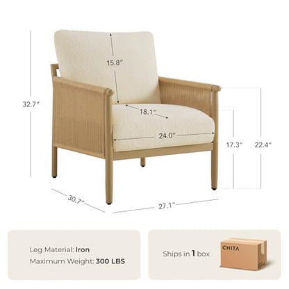 CHITA Braid Accent Chair with Wood-Like Finish Grain Metal Frame, Cream