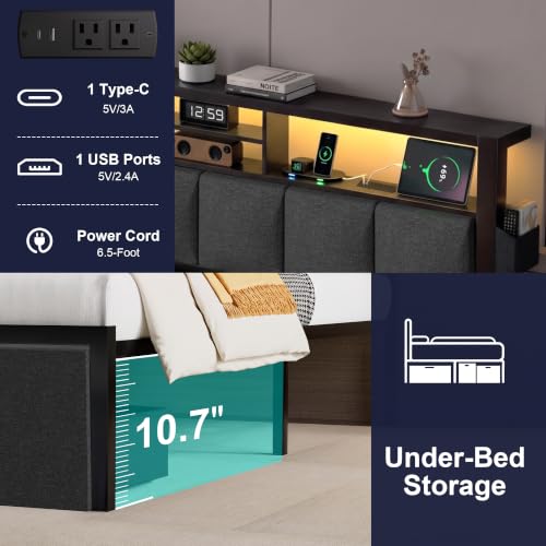 Queen Bed Frame with LED Lights, Storage Drawers and Charging Station, view 7