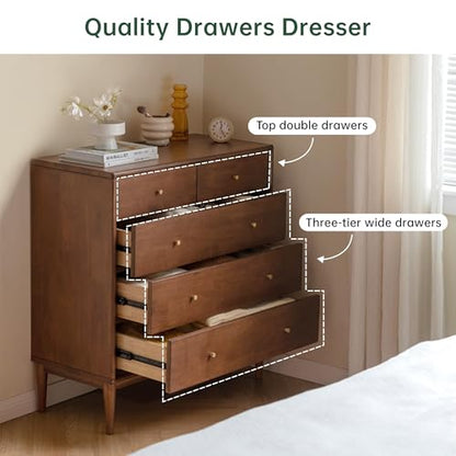 Solid Wood Nightstand, 5 Drawer Side Table for Bedroom, Wooden Storage Organizer, view 5