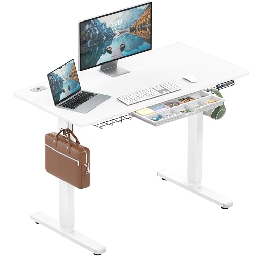 48-Inch Electric Height Adjustable Standing Desk with Drawer, Memory Preset and Cable Management Tray, White