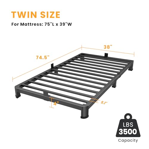 4 Inch Twin Bed Frame Low Profile with Rounded Legs, Easy Assembly, view 3
