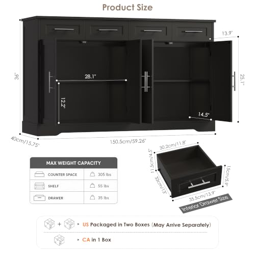 60" W Sideboard Buffet Cabinet with Storage, Kitchen Cabinet, Black, view 4