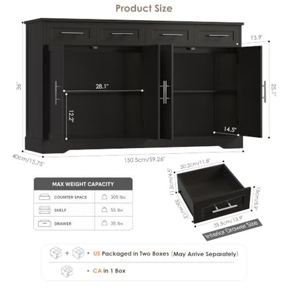 60" W Sideboard Buffet Cabinet with Storage, Kitchen Cabinet, Black, view 4