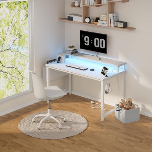 White Computer Desk with LED Lights and Power Outlets, view 3