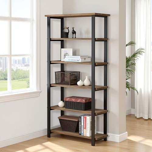 Pomona Living Room 6-Tier Solid Wood Bookcase with Metal Frame – Rustic Industrial Modern Wood and Metal Bookshelf for Home Office, Living Room, or Bedroom Storage