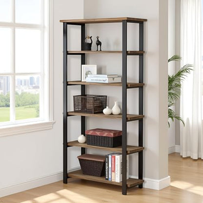 Pomona Living Room 6-Tier Solid Wood Bookcase with Metal Frame – Rustic Industrial Modern Wood and Metal Bookshelf for Home Office, Living Room, or Bedroom Storage