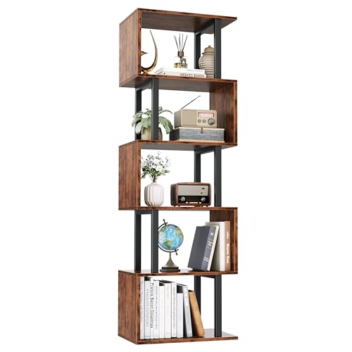 6 Tier Bookshelf, S Shaped Geometric Bookcase, Rustic Brown, view 2