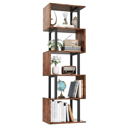 6 Tier Bookshelf, S Shaped Geometric Bookcase, Rustic Brown, view 2