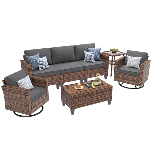 Patio Furniture Set, 5 Pieces Outdoor Conversation Sets with Rocking Swivel Chairs, Wicker Rattan Outdoor Sofa Set with Storage Table and Waterproof Covers for Backyard, Deck, Porch, Grey