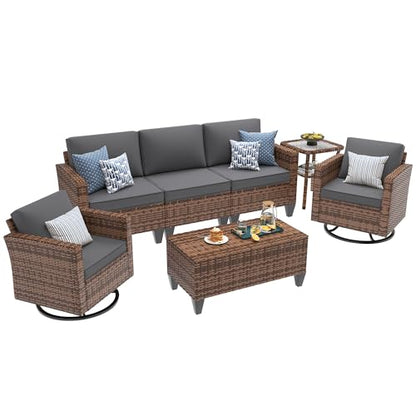Patio Furniture Set, 5 Pieces Outdoor Conversation Sets with Rocking Swivel Chairs, Wicker Rattan Outdoor Sofa Set with Storage Table and Waterproof Covers for Backyard, Deck, Porch, Grey