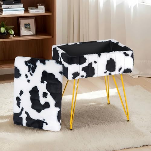 Multifunctional Vanity Stool Chair for Vanity, Padded Seat, Storage Ottoman in Rectangle Fuzzy Fluffy Design, Footrest and 4 Gold Legs for Makeup Room, Bedroom, Living Room, Cow