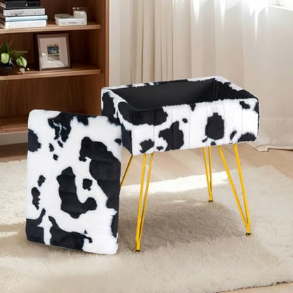 Multifunctional Vanity Stool Chair for Vanity, Padded Seat, Storage Ottoman in Rectangle Fuzzy Fluffy Design, Footrest and 4 Gold Legs for Makeup Room, Bedroom, Living Room, Cow