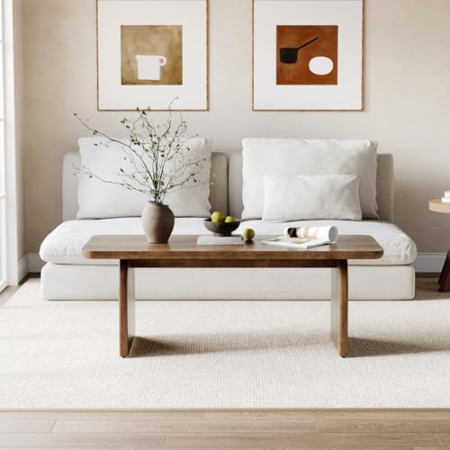 Farmhouse Coffee Table, 47 Inches Wooden Center Tables with Rounded Corners, Rectangular Living Room Tables, Modern Low Cocktail Tea Furniture for Living Room (Rustic Brown)