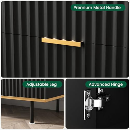 Fluted Sideboard Buffet Cabinet with Storage, 47.2" Modern Coffee Bar Station with Adjustable Shelves and Doors, Wood Accent Cupboard for Dining Room, Entryway, Living Room, Black