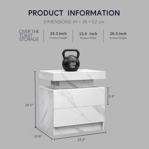 LED Nightstands, Modern End Side Table with 2 Drawers, LED Bedroom Furniture for Bedroom and Living Room, White Marble Pattern