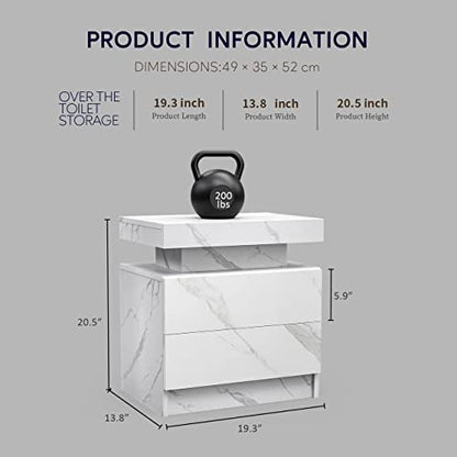 LED Nightstands, Modern End Side Table with 2 Drawers, LED Bedroom Furniture for Bedroom and Living Room, White Marble Pattern