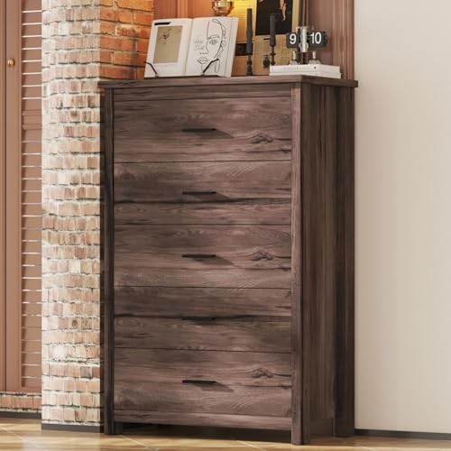 4-Pcs Queen Size Bed Frame & Dresser & 2 Night Stand Bedroom Set, Platform Bed with USB Charging Ports Storage Headboard, Cabinet Dresser with 5 Drawers, Nightstands, Wooden, Dark Walnut