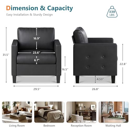 Black Accent Chairs Set of 2, Faux Leather Chair, Mid-Century Modern Living Room Chairs, Cozy Office Reading Chair with Tufted Armrest and Seat, Armchairs for Waiting Room, Bedroom (2)