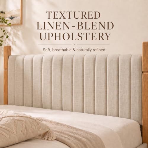 Solid Wood Queen Bed Frame with Upholstered Headboard, Beige, view 6