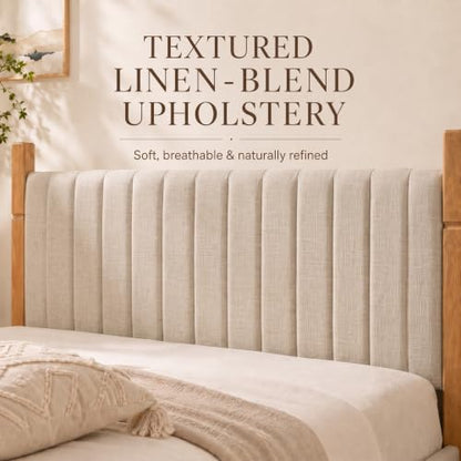 Solid Wood Queen Bed Frame with Upholstered Headboard, Beige, view 6