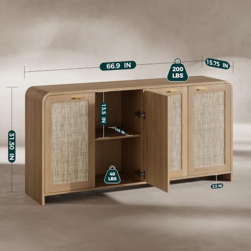 67" Rattan Sideboard Buffet Cabinet with Storage, Natural Oak, view 3