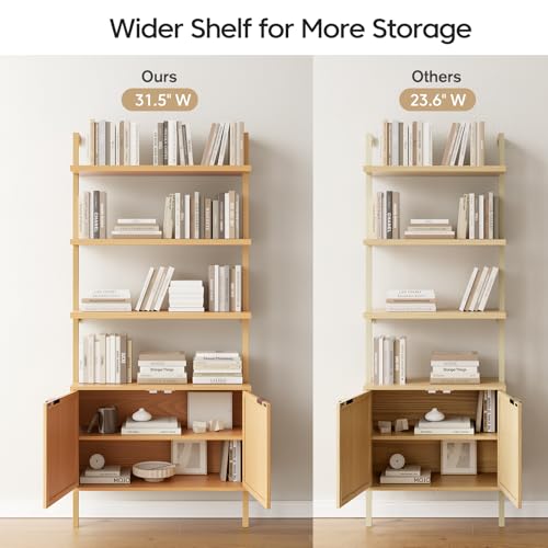 71in Rattan Ladder Bookshelf - 31.5in Wide Book Shelf with Storage, 6-Tier Bookcase with Doors for Living Room,Bookshelf with Cabinet, Oak