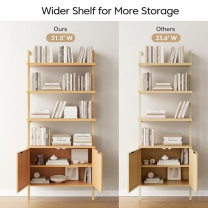 71in Rattan Ladder Bookshelf - 31.5in Wide Book Shelf with Storage, 6-Tier Bookcase with Doors for Living Room,Bookshelf with Cabinet, Oak