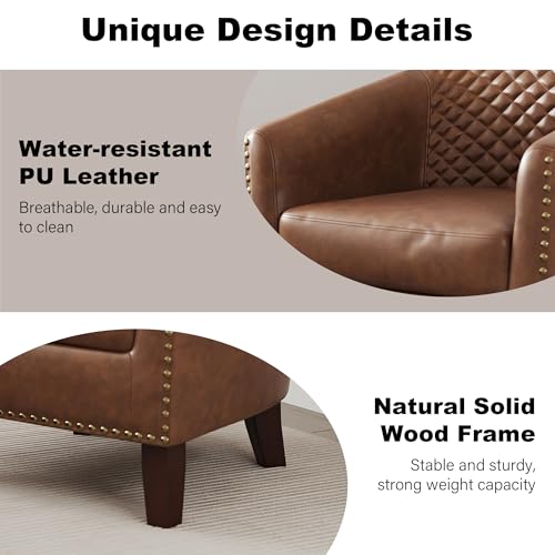 Accent Barrel Chair, Upholstered Faux Leather Club Chair with Nailed Trim, Comfy Reading Armchair for Living Room Bedroom Reception Room Office (Brown, Set of 4)