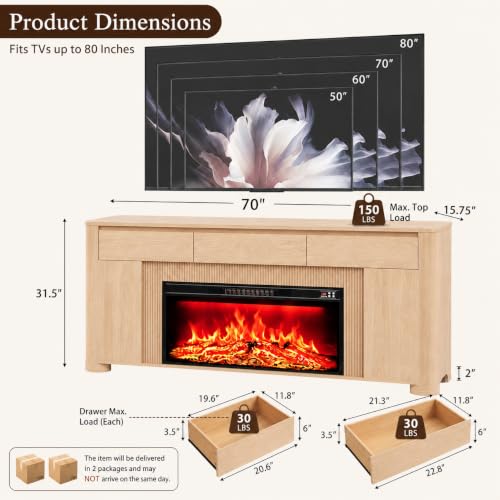 70" Fireplace TV Stand for 80" TVs, 42" Insert, 3 Drawers, Natural, view 3