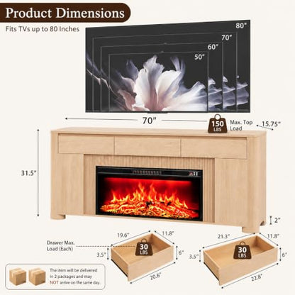 70" Fireplace TV Stand for 80" TVs, 42" Insert, 3 Drawers, Natural, view 3