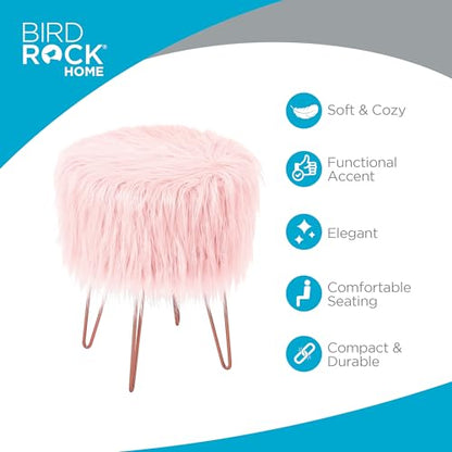 Pink Faux Fur Vanity Stool Chair - Soft Furry Compact Padded Seat - Vanity, Living Room, Bedroom and Kids Room Chairs - Hair Pin Metal Legs Upholstered Decorative Furniture Foot Rest