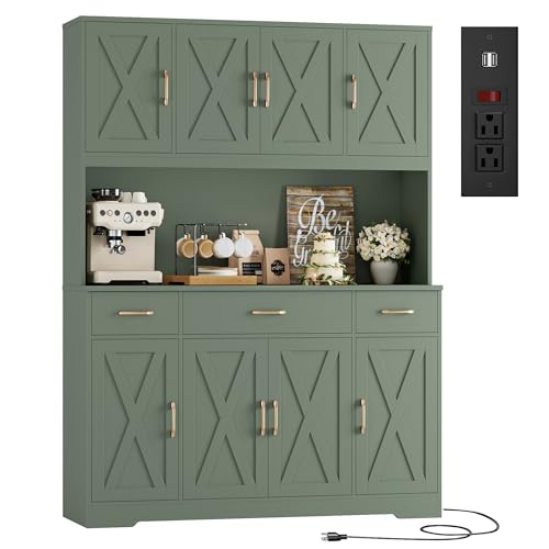 71" Tall Kitchen Pantry Storage Cabinet, 55" W Kitchen Hutch, Green, view 2