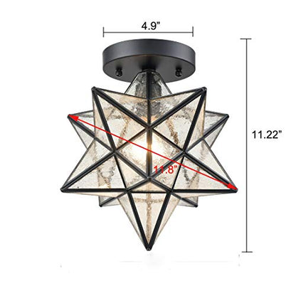 Moravian Star Light Flush Mount Ceiling Light with Seeded Glass Shade Black for Living Room Bedroom Bathroom Hallway