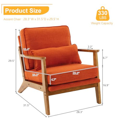 Mid-Century Lounge Accent Chair, Burnt Orange | Wide Curved Armrest, Linen Fabric, Lumbar Pillow Included, Solid Wood Frame, For Living Room, Bedroom, Balcony, Apartment