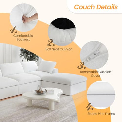 U-Shaped Cloud Couches for Living Room, 6-Seats Modular Convertible Sectional Sofas, Cushion Covers Removable, Comfy Sectional Couch with Chaise Ottomans for Living Room Apartment (White)