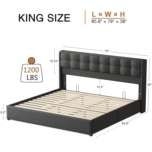Upholstered King Size Lift Up Storage Bed Frame, Wingback Headboard, view 3