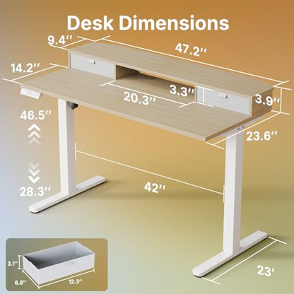 48 x 24 inch Small Electric Standing Desk with 2 Drawers, C-Clamp Mount Compatible, Height Adjustable Sit Stand Desk, Home Office Stand Up Desk with 4 Memory Height Settings, Light Walnut
