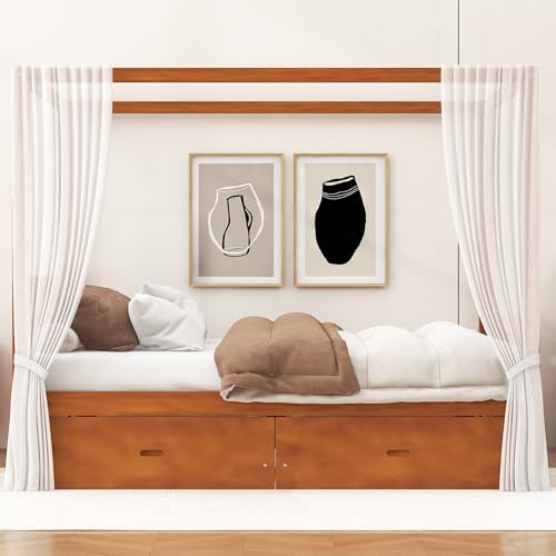 JIJIWANG King Canopy Bed with Storage Drawers & Four Poster Frame, Walnut, view 5