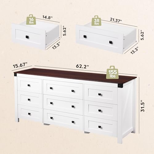9-Drawer 62.2"W Farmhouse TV Stand for TVs up to 70 Inches, White, view 4