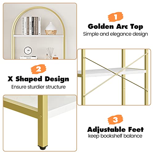 Bookshelf 5 Tier Bookcase Arched Display Racks Tall Standing Bookshelves Metal Frame Modern Storage Rack Shelf Large Wood Book Shelf for Bedroom, Living Room, Home Office, White/Gold