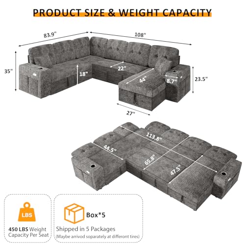 Modular Sectional Sleeper Sofa with Pull Out Bed, 108 Inch U Shaped 7 Seat Couches for Living Room, Chenille Fabric Cloud Couch Bed with Storage & Reclining Backrest, USB Charging, Grey
